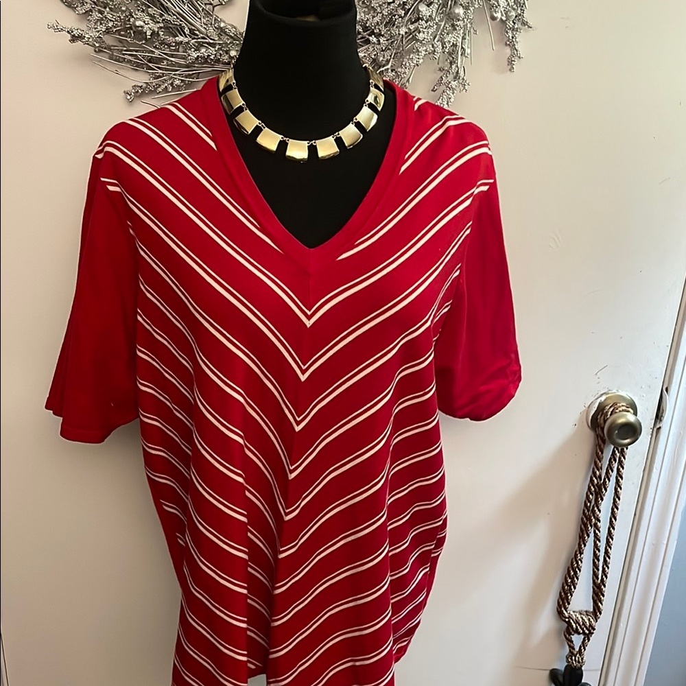 Red and White Striped V-Neck Top